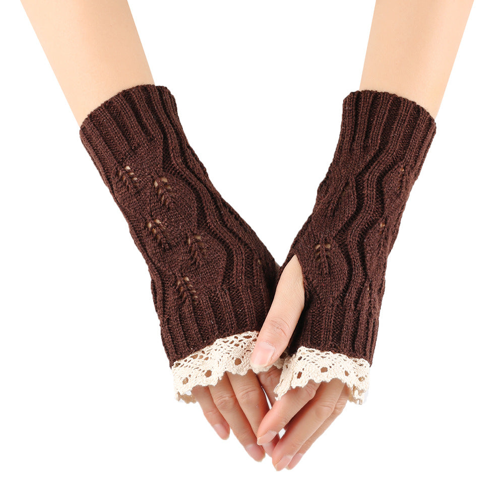Crochet Lace Trim Fingerless Knit Gloves - Coffee