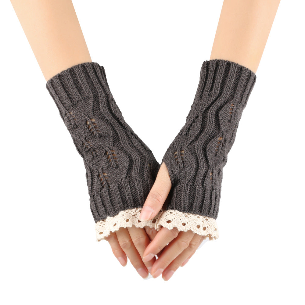 Crochet Lace Trim Fingerless Knit Gloves - Dark-Grey