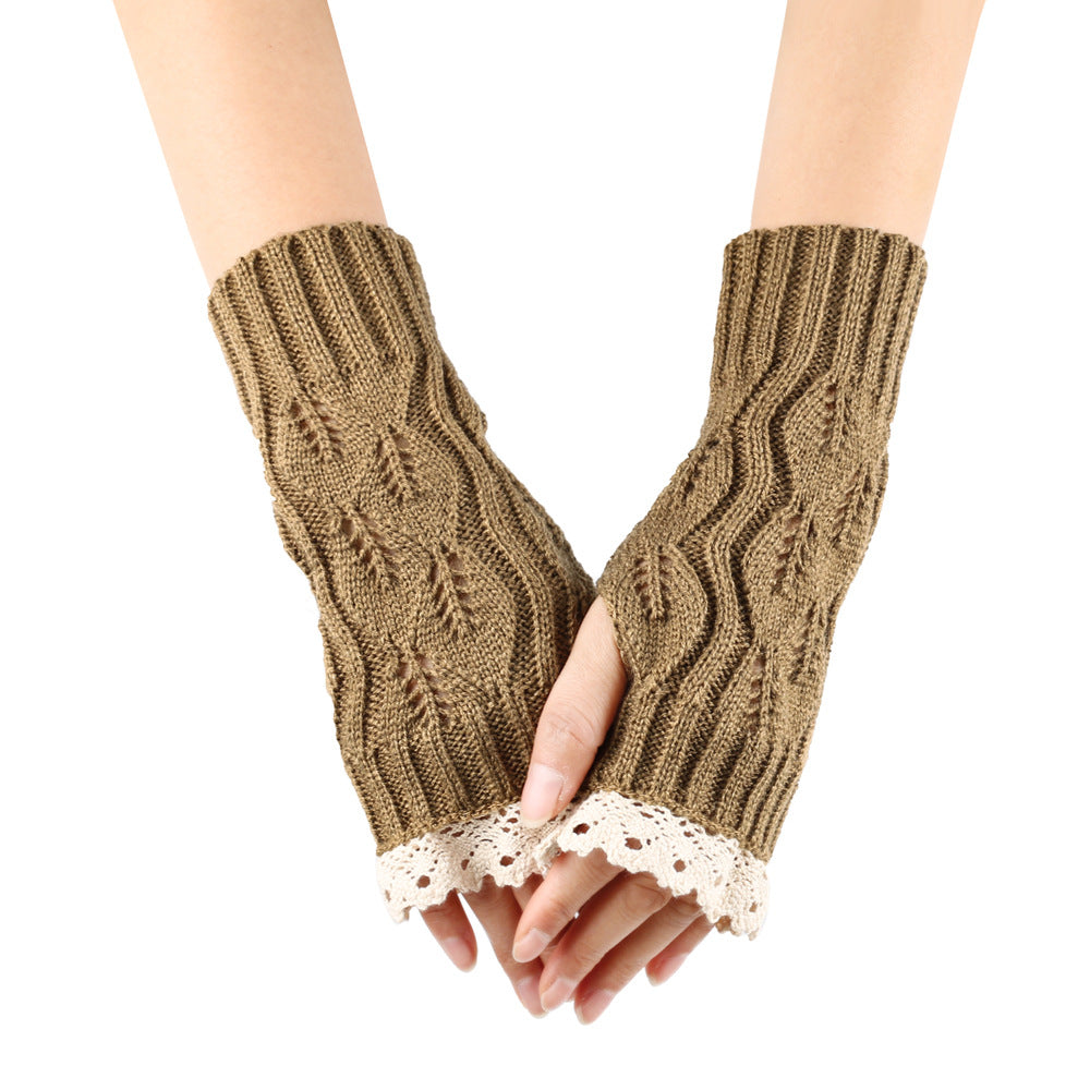 Crochet Lace Trim Fingerless Knit Gloves - Khaki