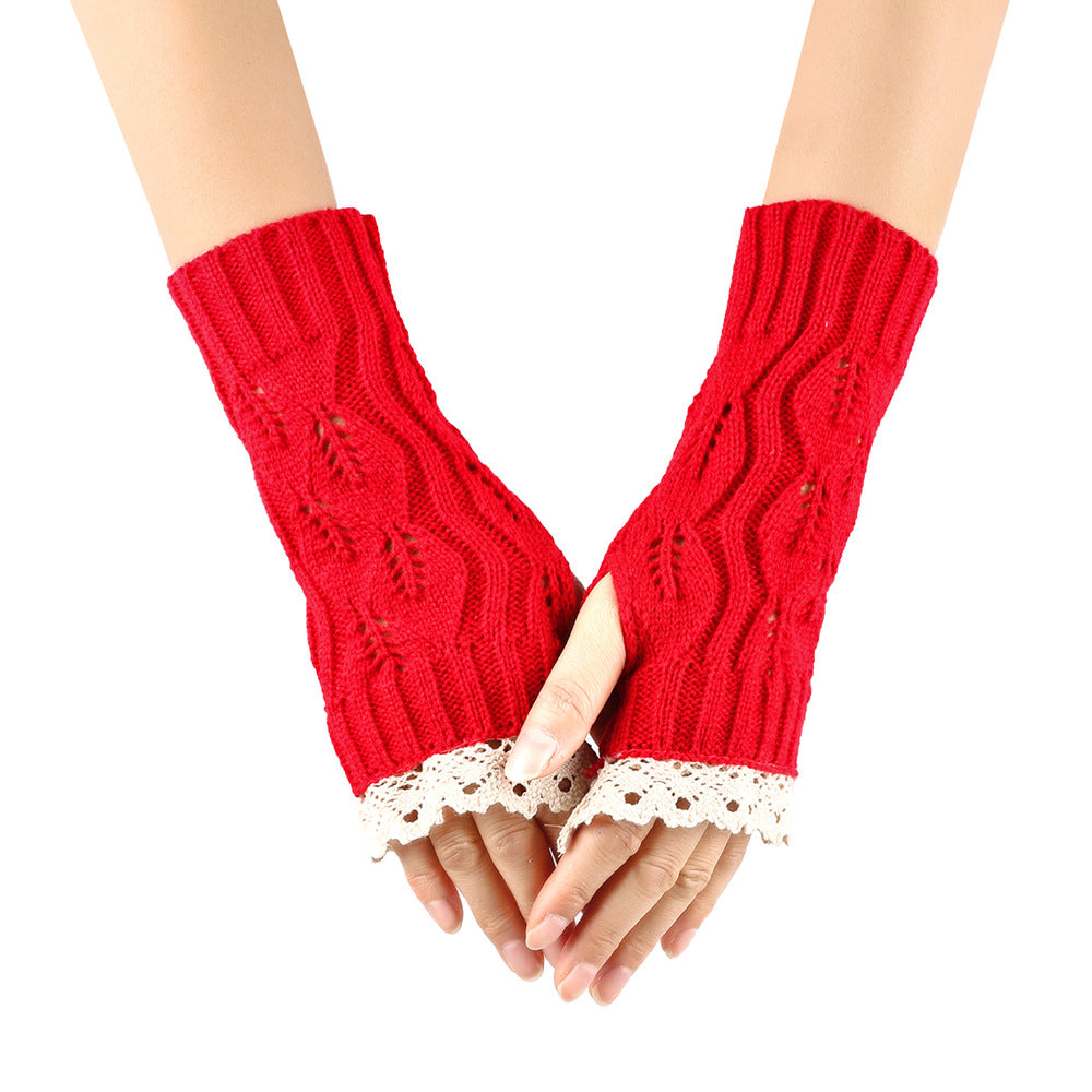 Crochet Lace Trim Fingerless Knit Gloves - Red