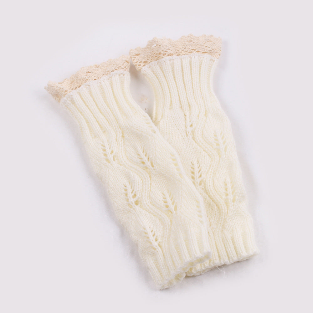 Crochet Lace Trim Fingerless Knit Gloves - White