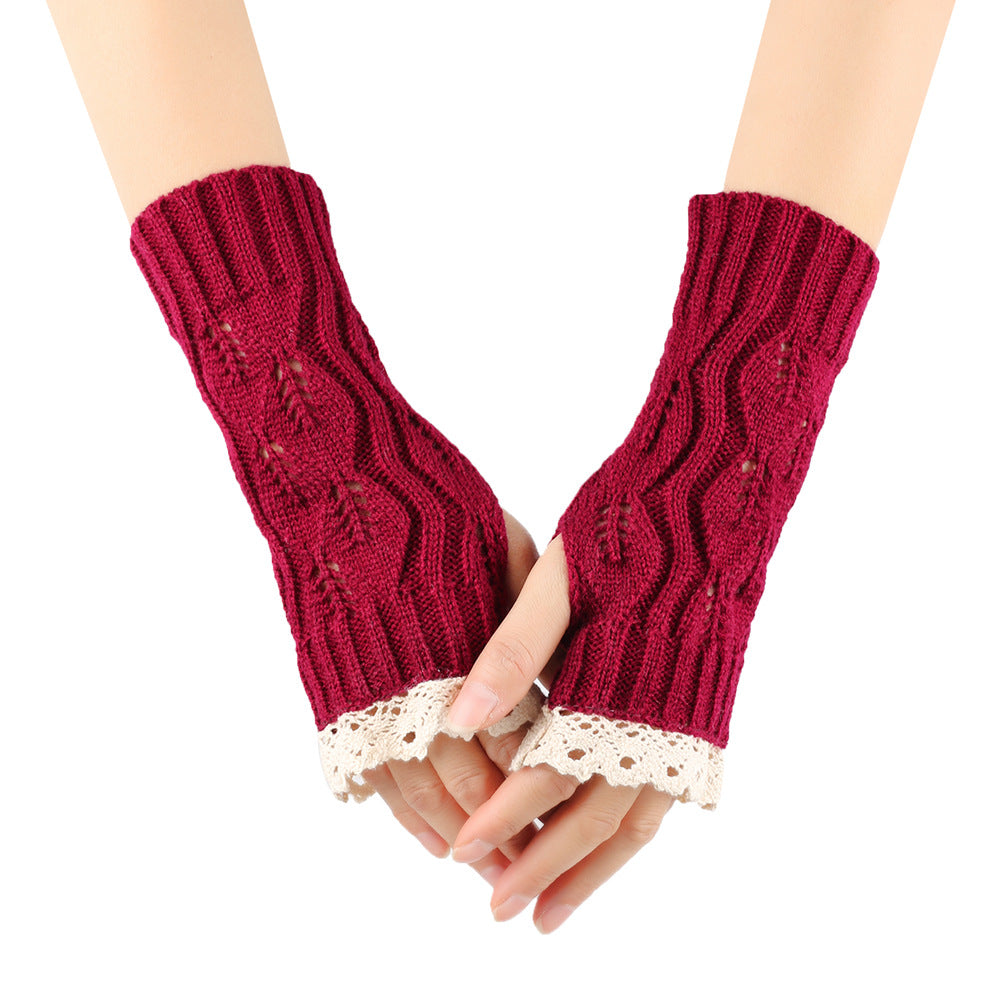 Crochet Lace Trim Fingerless Knit Gloves - Wine-Red