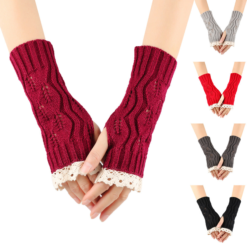 Crochet Lace Trim Fingerless Knit Gloves