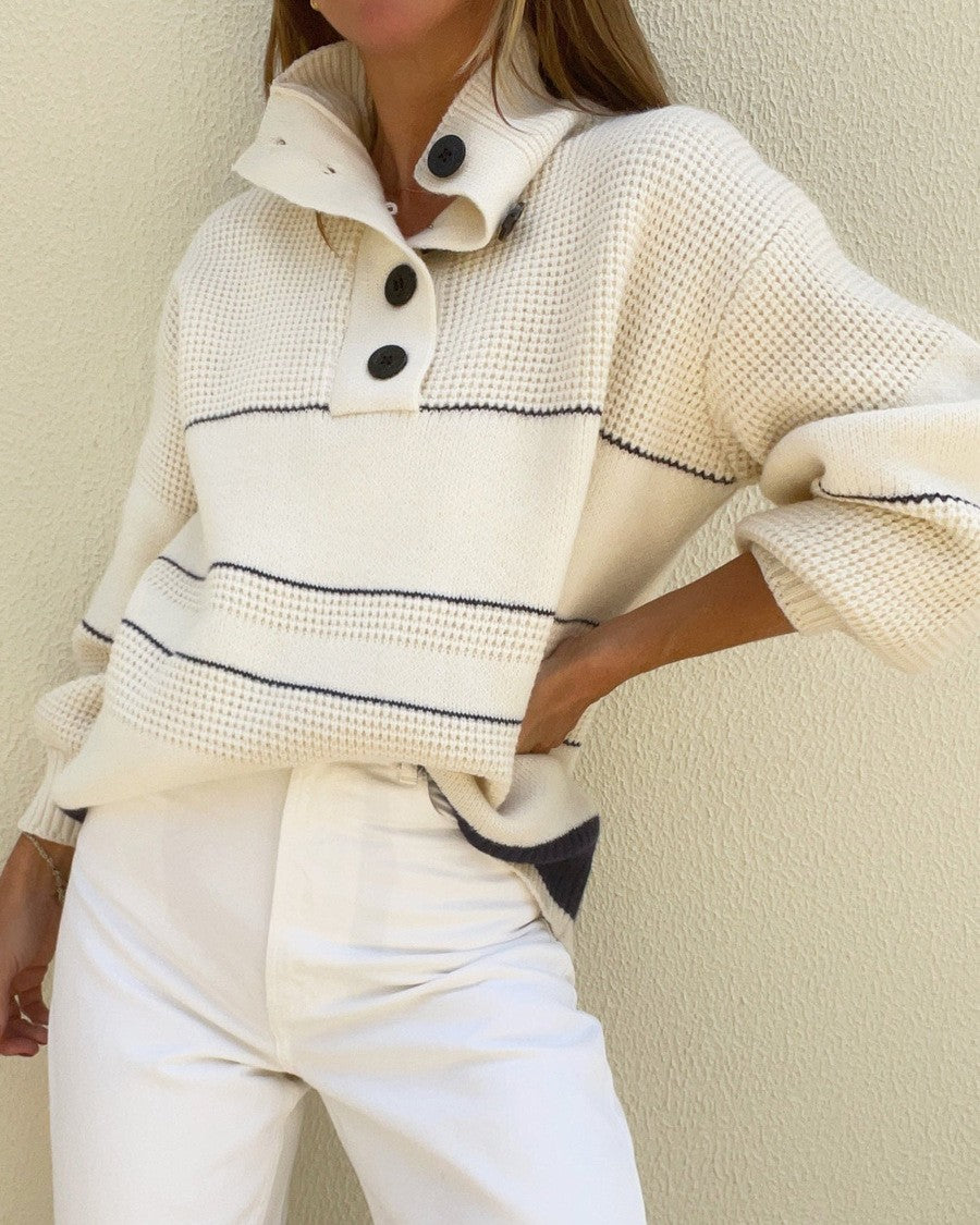 Half Button Funnel Neck Striped Sweater - White - 2