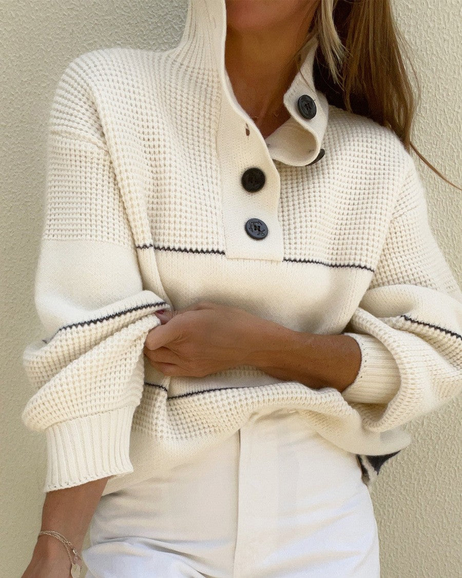 Half Button Funnel Neck Striped Sweater - White - 3