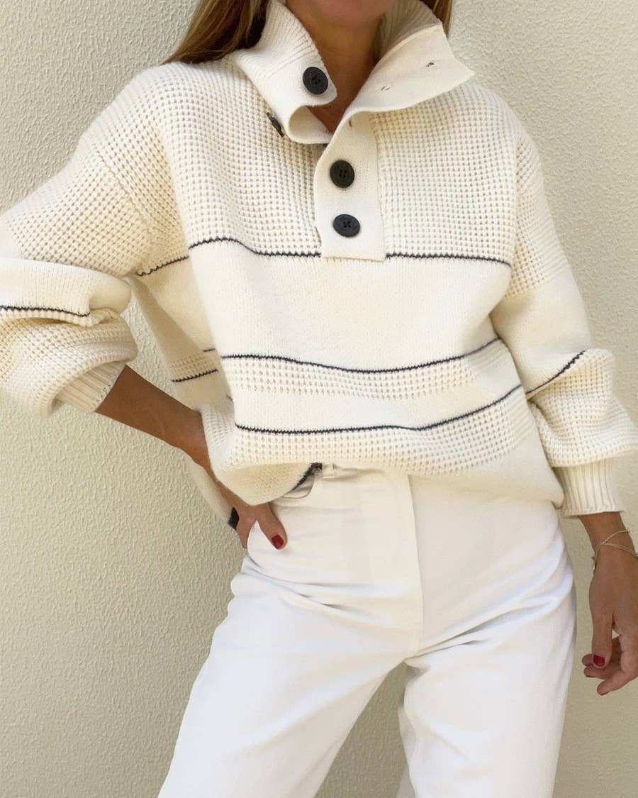 Half Button Funnel Neck Striped Sweater