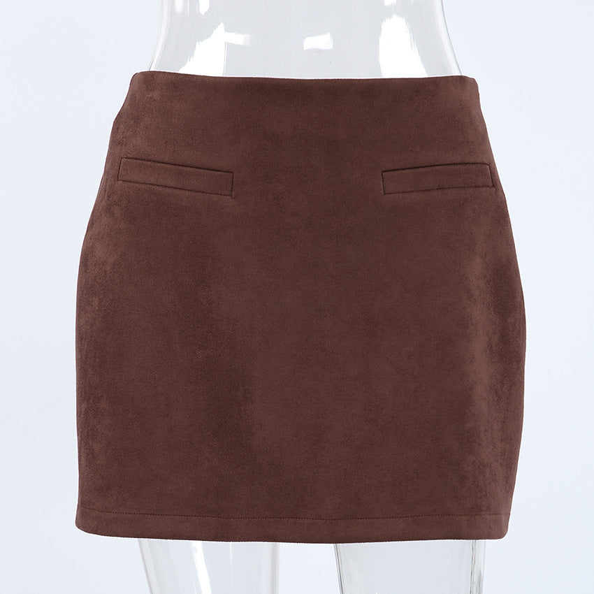 High Waist Faux Suede Mini Skirt - Brown