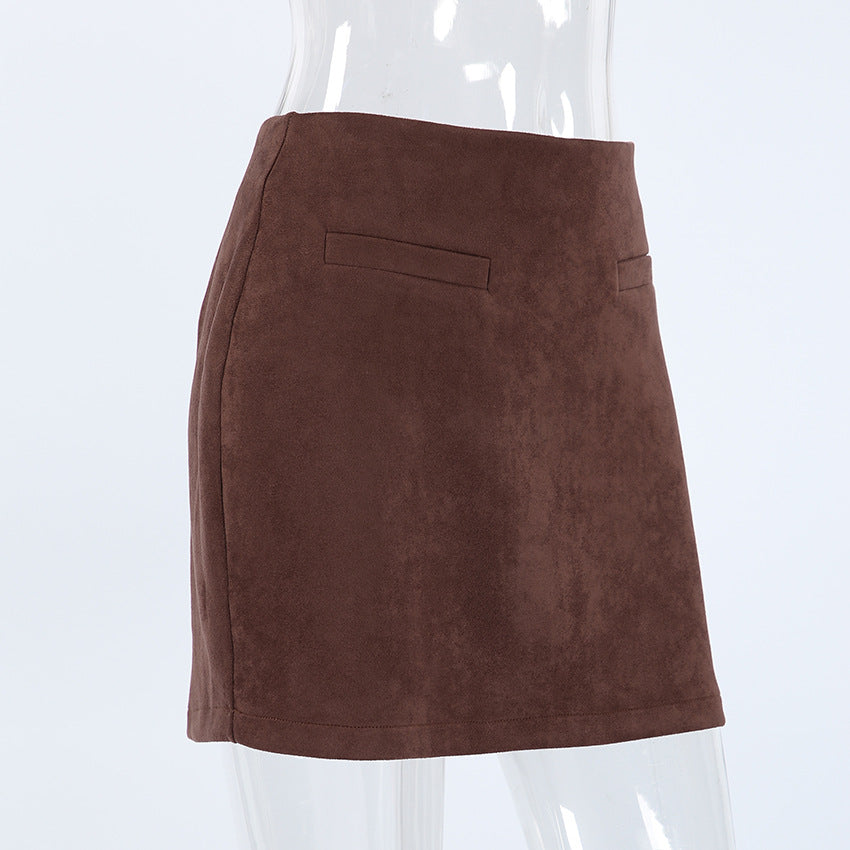 High Waist Faux Suede Mini Skirt - Brown - 2