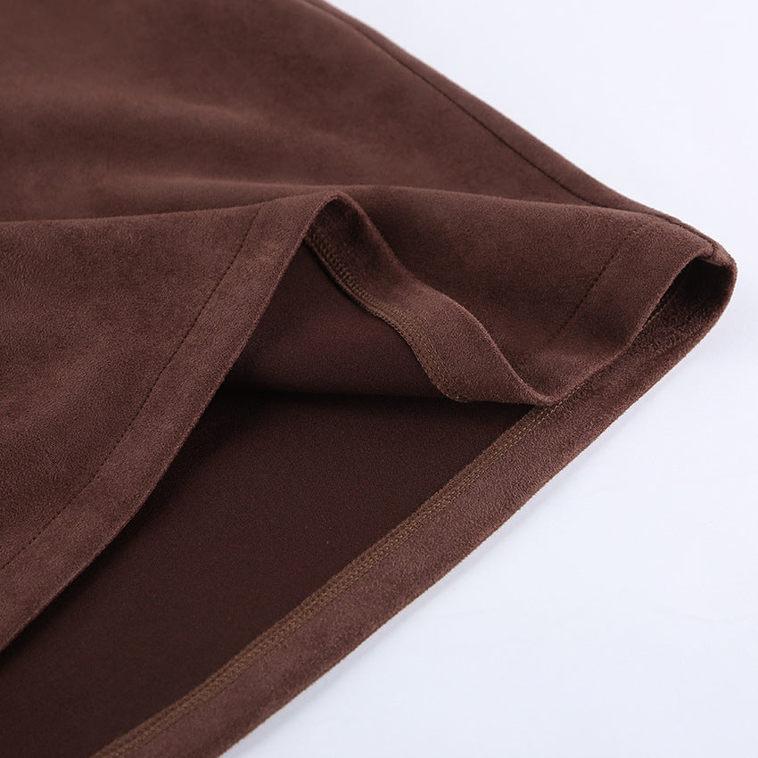 High Waist Faux Suede Mini Skirt - Brown - 4