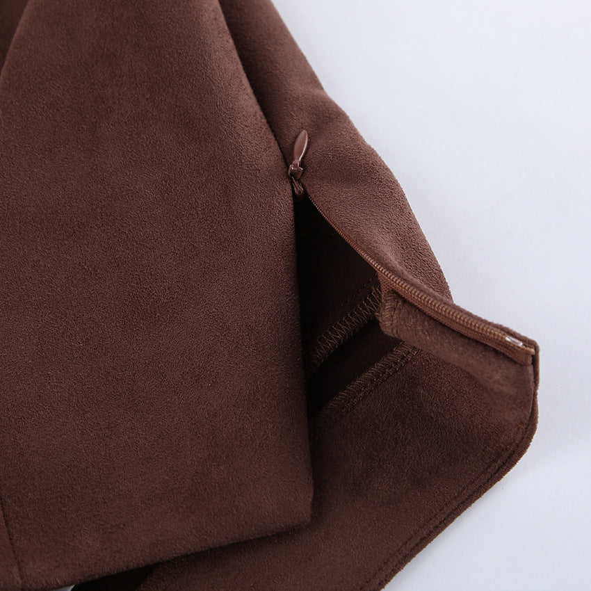 High Waist Faux Suede Mini Skirt - Brown - 5