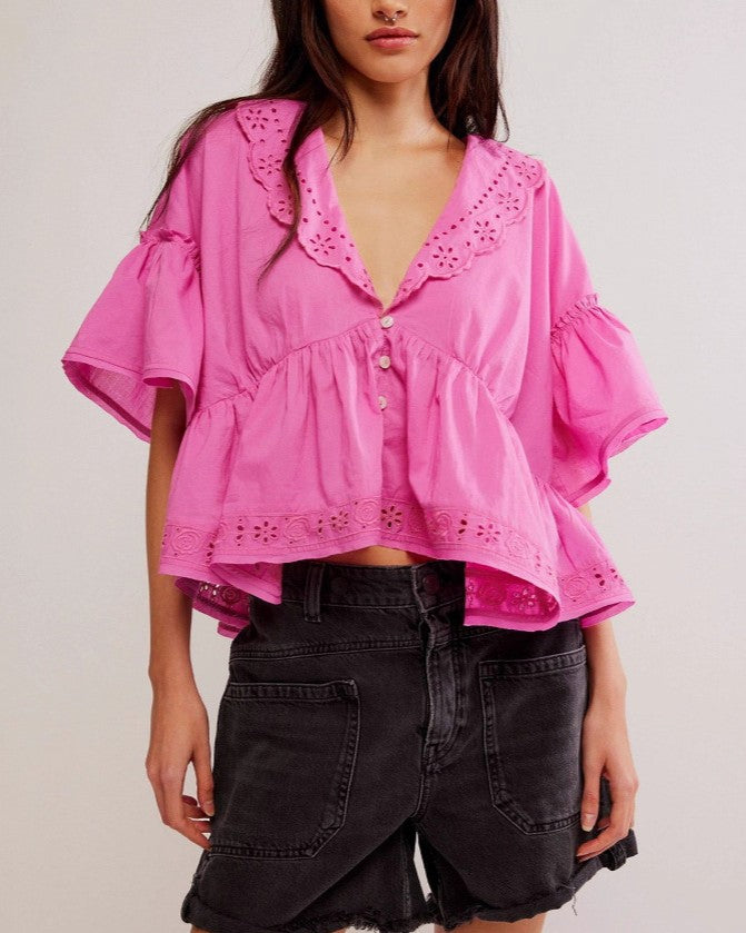 Eyelet Ruffle Collar Flutter Sleeve Top - Rose-Red