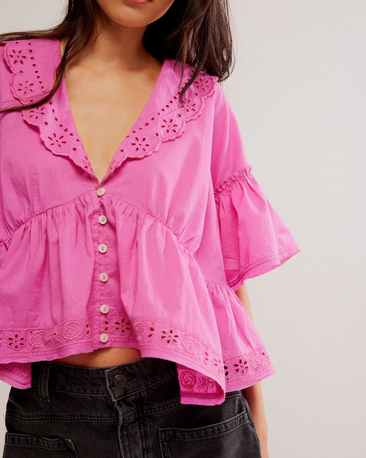 Eyelet Ruffle Collar Flutter Sleeve Top - Rose-Red - 1