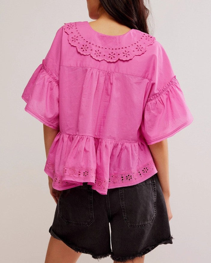 Eyelet Ruffle Collar Flutter Sleeve Top - Rose-Red - 2