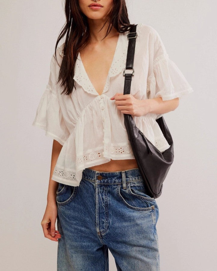 Eyelet Ruffle Collar Flutter Sleeve Top - White