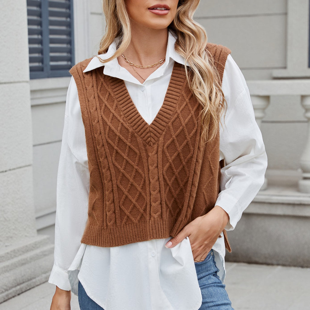 Textured Cable Knit Sleeveless Vest - Camel