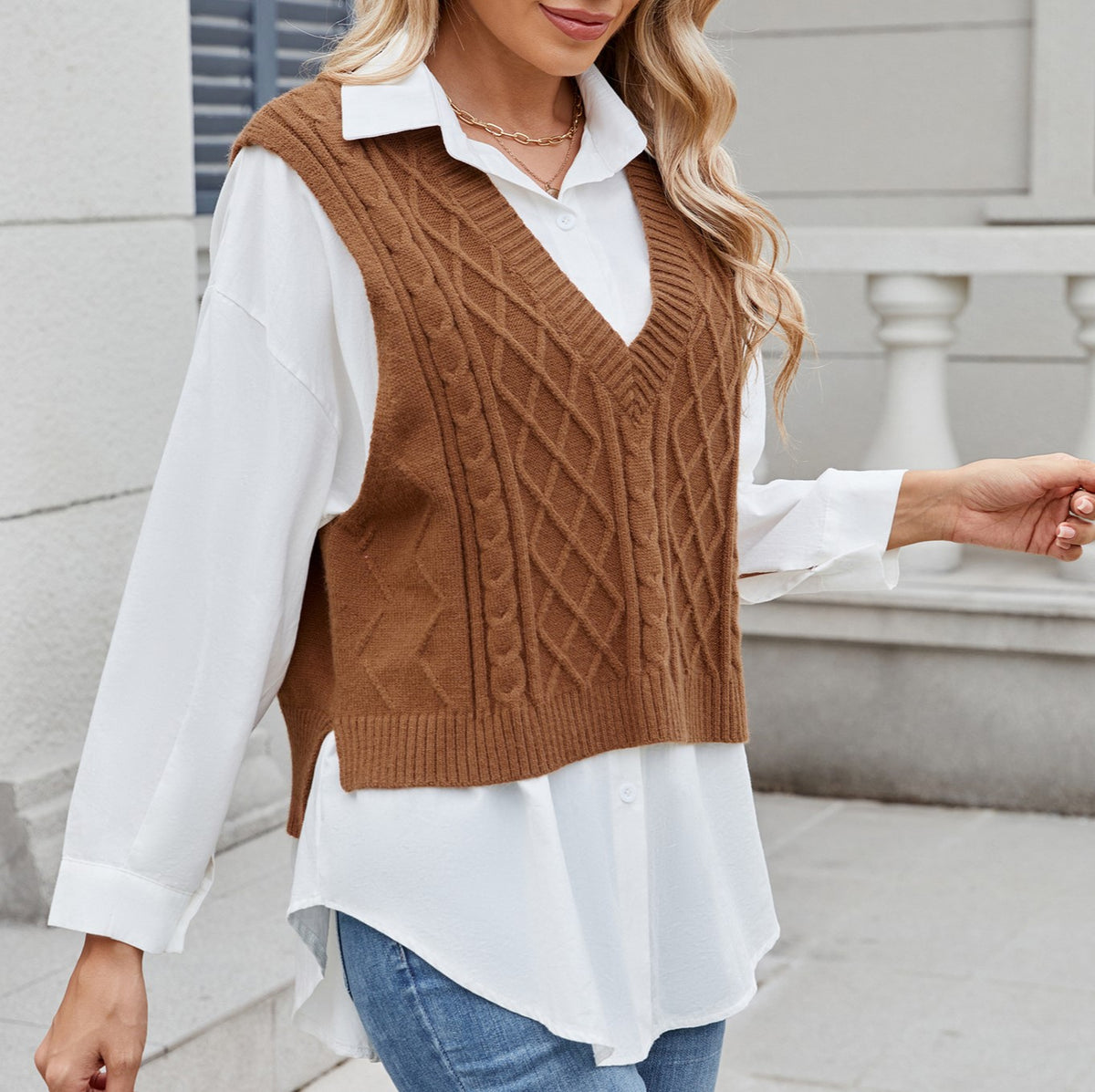 Textured Cable Knit Sleeveless Vest - Camel - 1