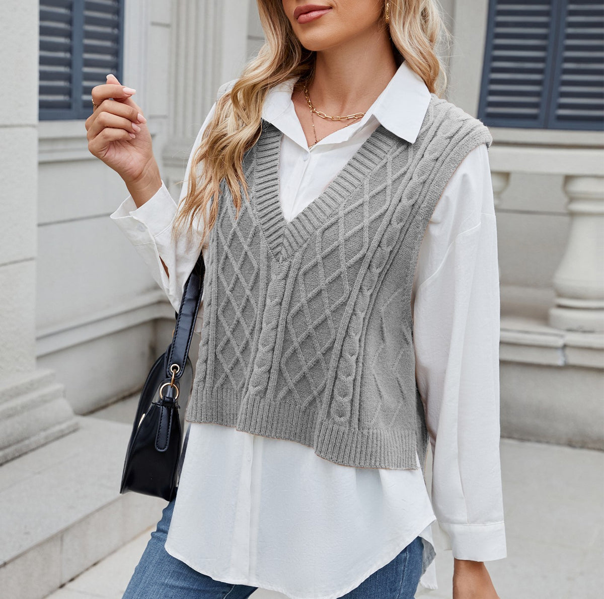 Textured Cable Knit Sleeveless Vest - view 1