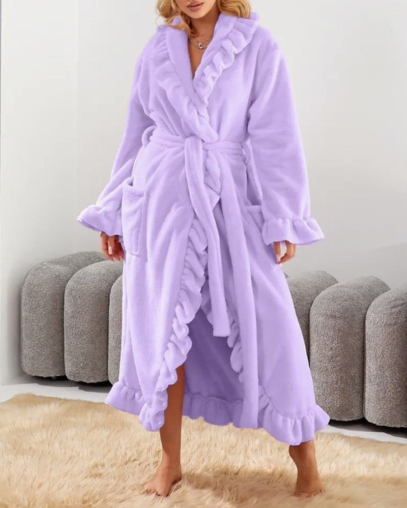 Ruffled Plush Flannel Long Belted Robe - Lavender