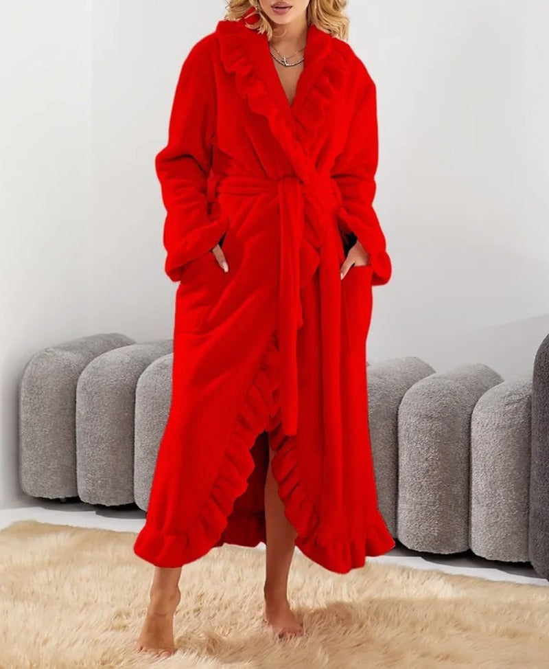 Ruffled Plush Flannel Long Belted Robe - Red