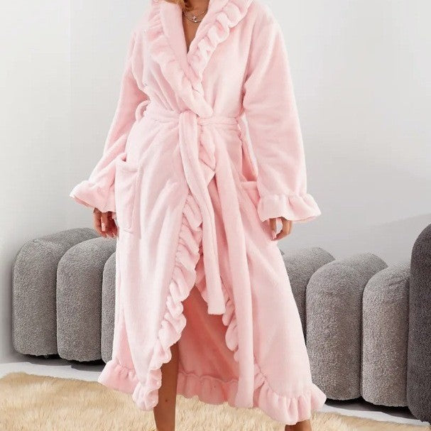 Ruffled Plush Flannel Long Belted Robe
