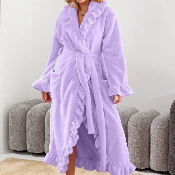 Ruffled Plush Flannel Long Belted Robe