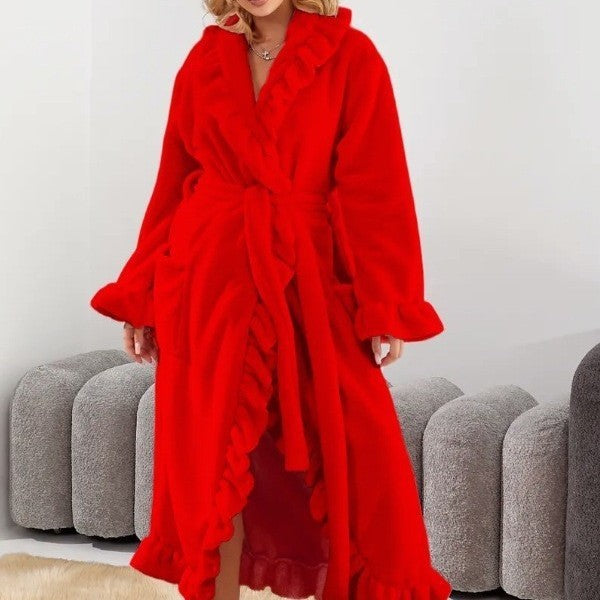 Ruffled Plush Flannel Long Belted Robe