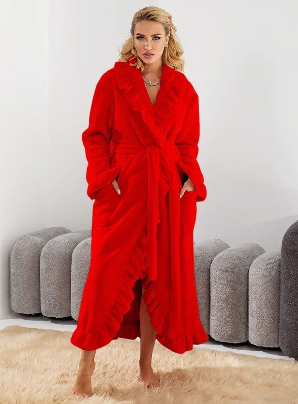 Ruffled Plush Flannel Long Belted Robe
