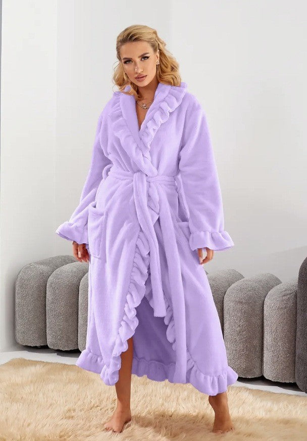 Ruffled Plush Flannel Long Belted Robe