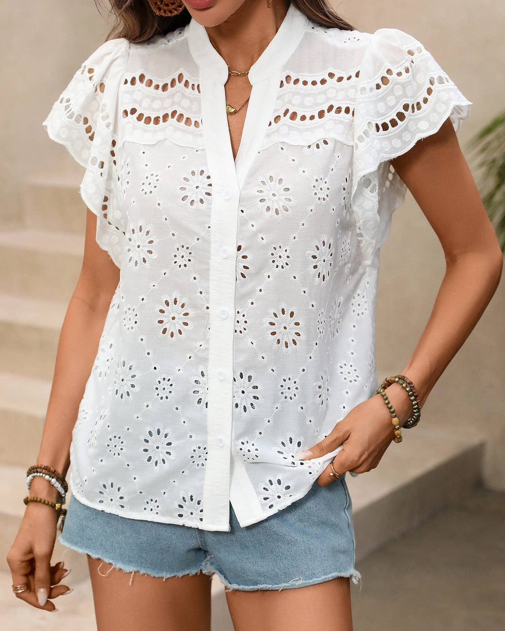 Eyelet Button Front Flutter Sleeve Blouse