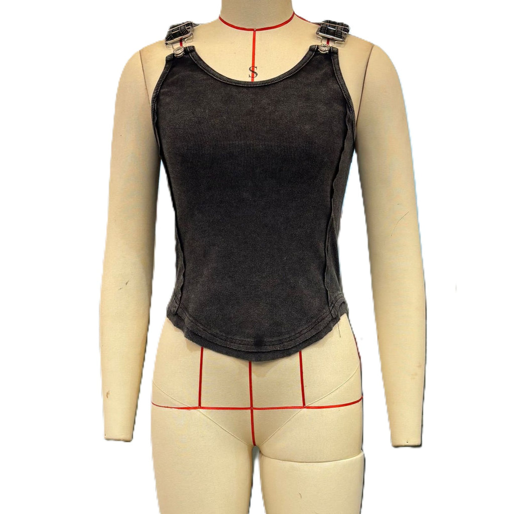 Ribbed Tank Top With Adjustable Buckle Straps - Black