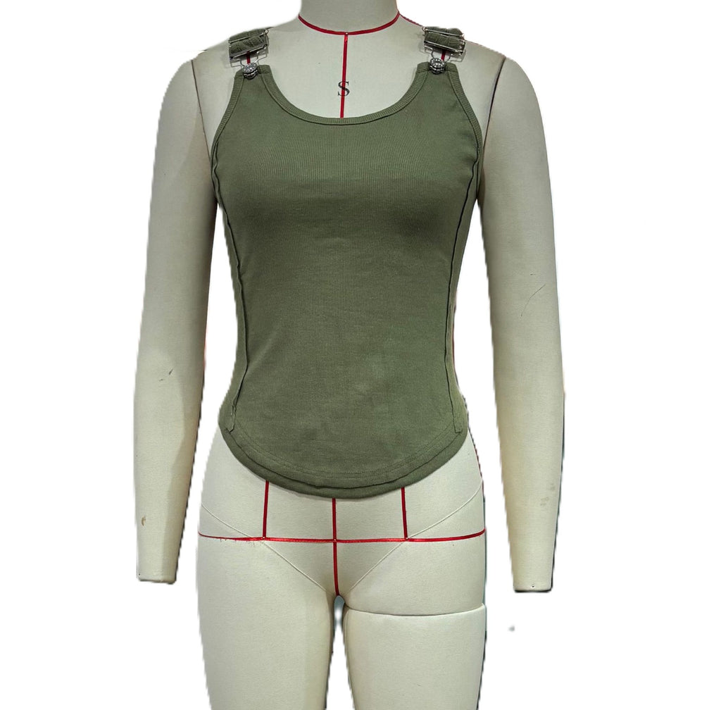 Ribbed Tank Top With Adjustable Buckle Straps - Green