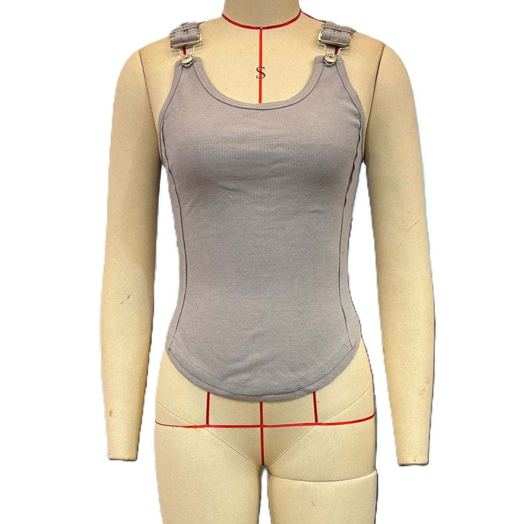 Ribbed Tank Top With Adjustable Buckle Straps - Grey