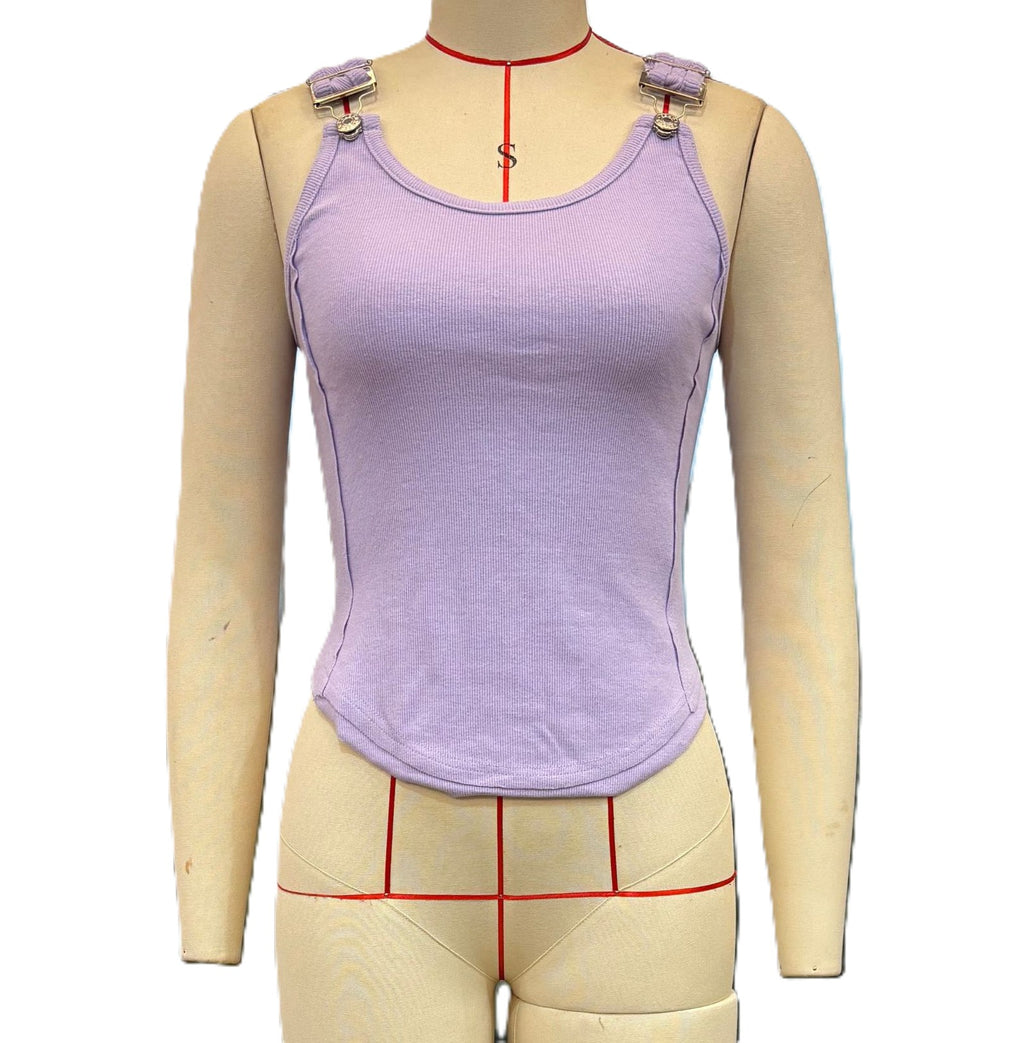 Ribbed Tank Top With Adjustable Buckle Straps - Purple - 1