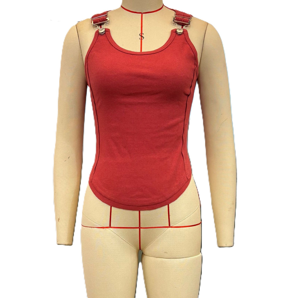 Ribbed Tank Top With Adjustable Buckle Straps - Red