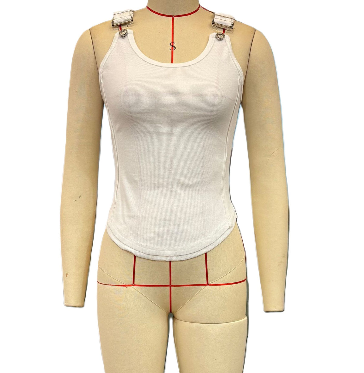 Ribbed Tank Top With Adjustable Buckle Straps - White
