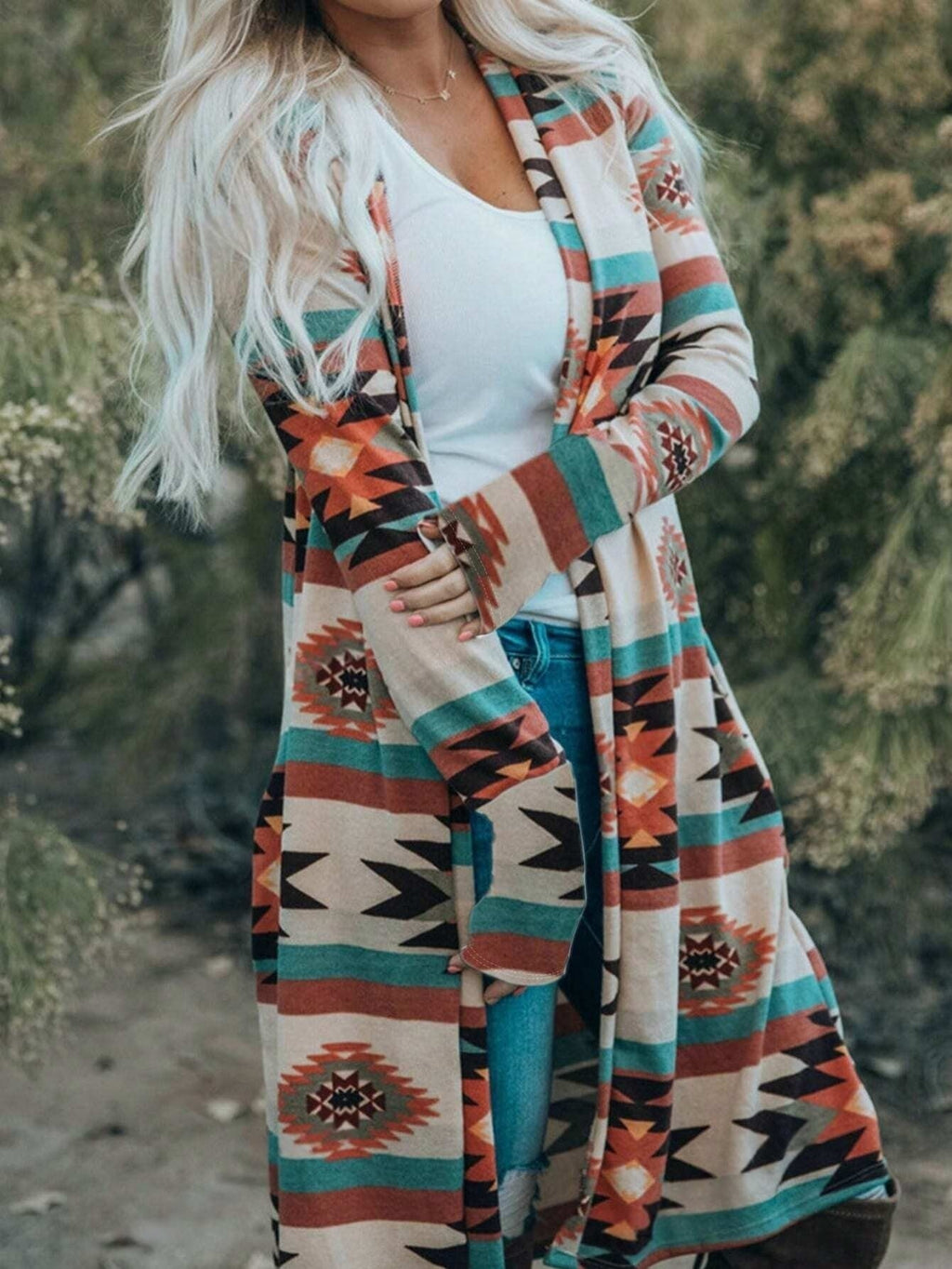 Southwestern Aztec Print Duster Cardigan - white