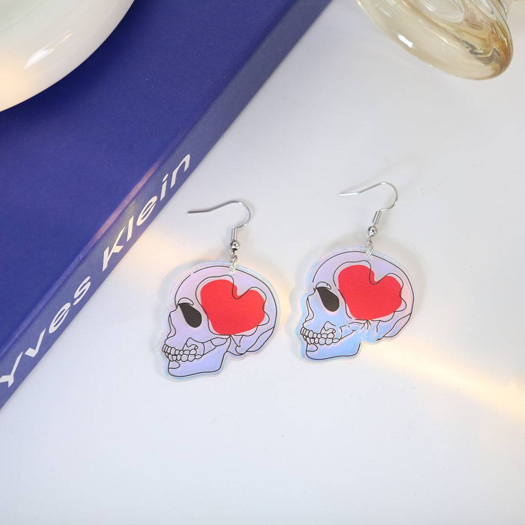 Holographic Acrylic Skull And Heart Earrings - Skull