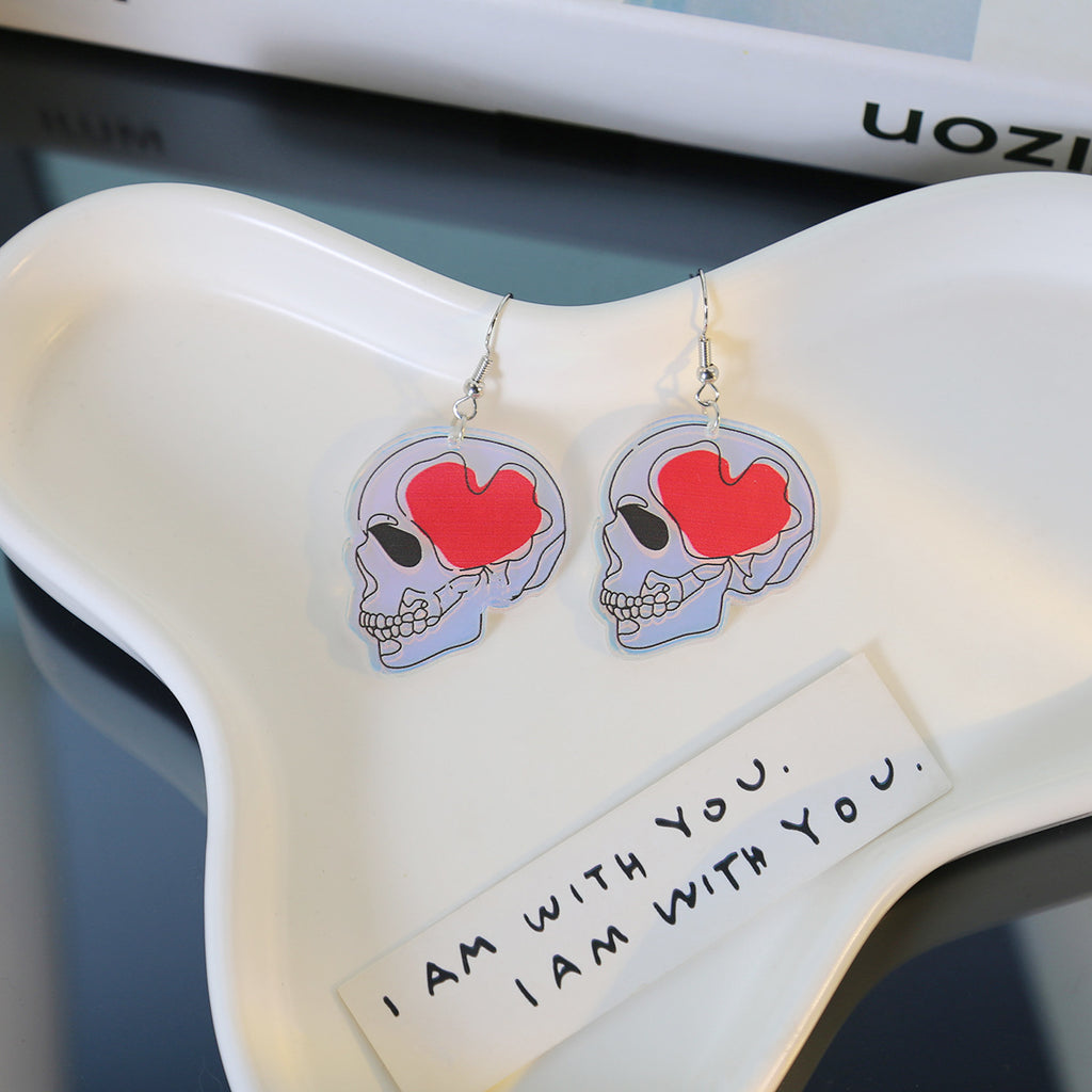 Holographic Acrylic Skull And Heart Earrings - Skull - 1