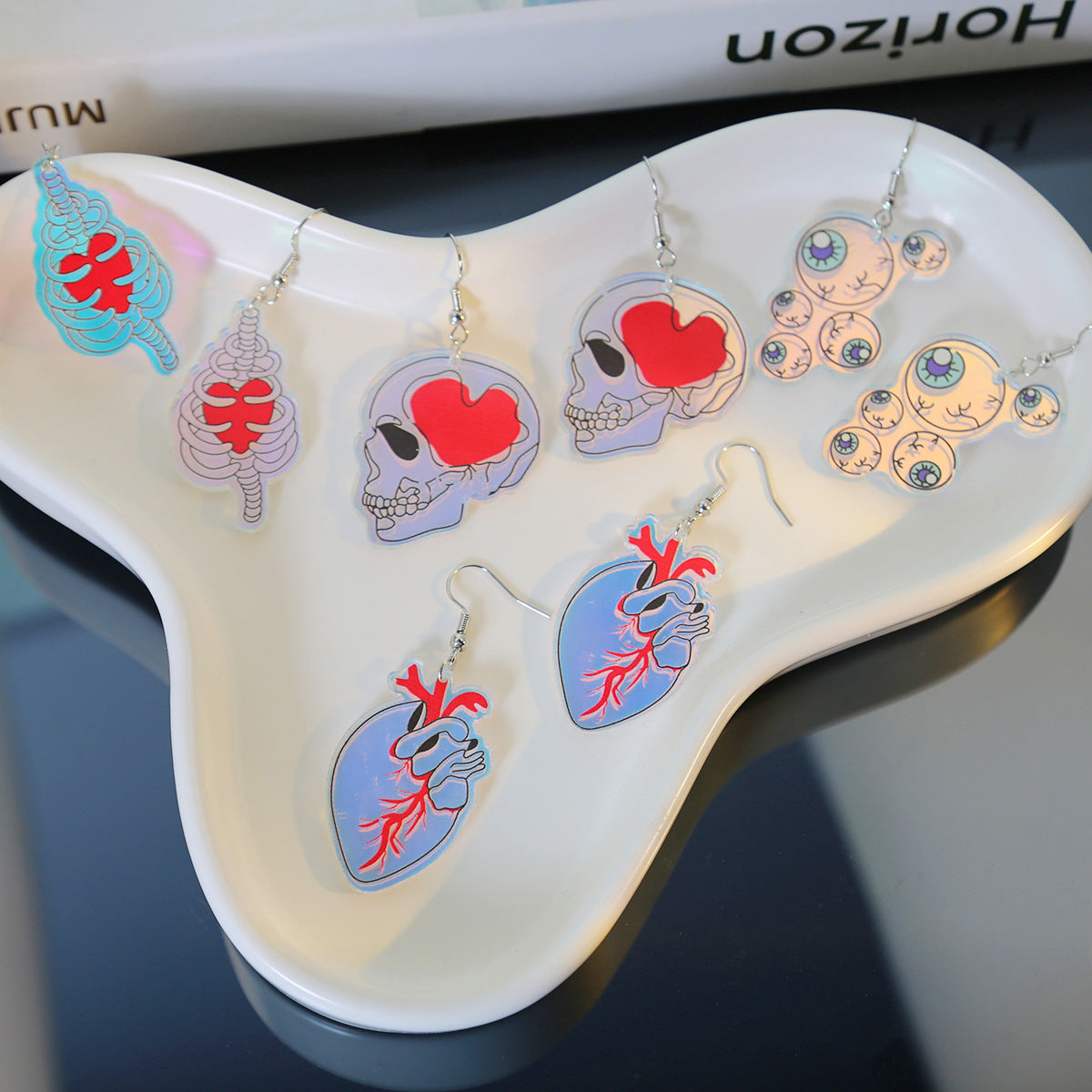 Holographic Acrylic Skull And Heart Earrings - view 1
