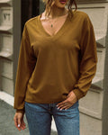 Waffle Knit V-Neck Long Sleeve Relaxed Tee - Brown
