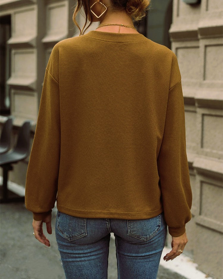 Waffle Knit V-Neck Long Sleeve Relaxed Tee - Brown - 2