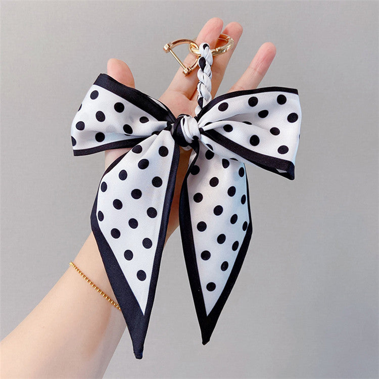 Printed Satin Ribbon Bow Bag Charm - Black