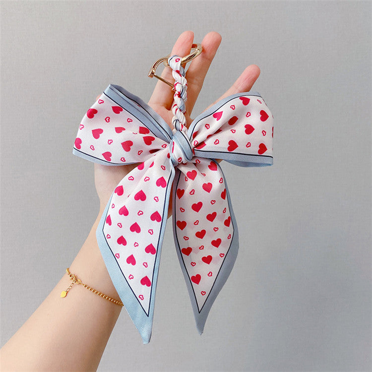 Printed Satin Ribbon Bow Bag Charm - Red