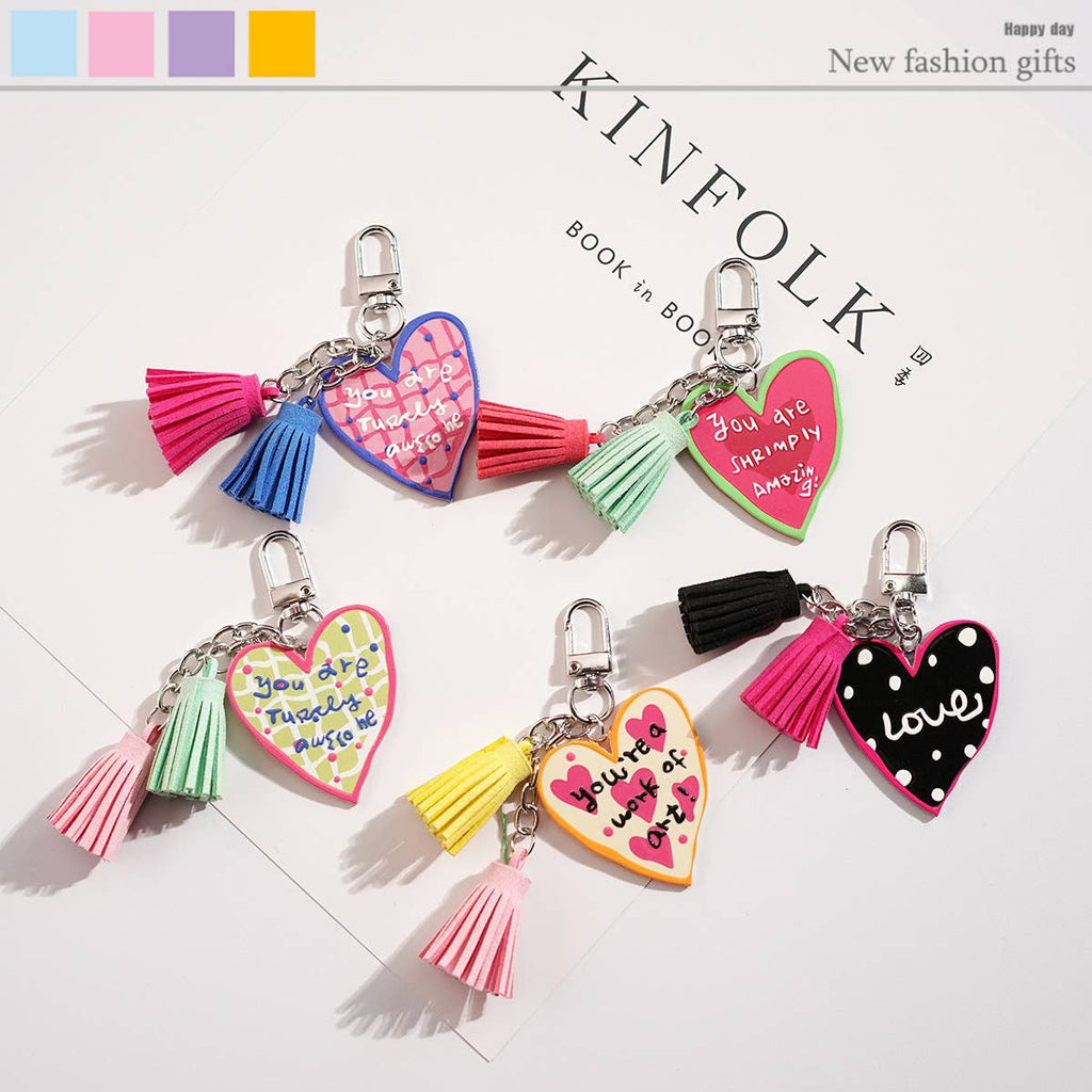 Printed Heart Tassel Charm Keychain