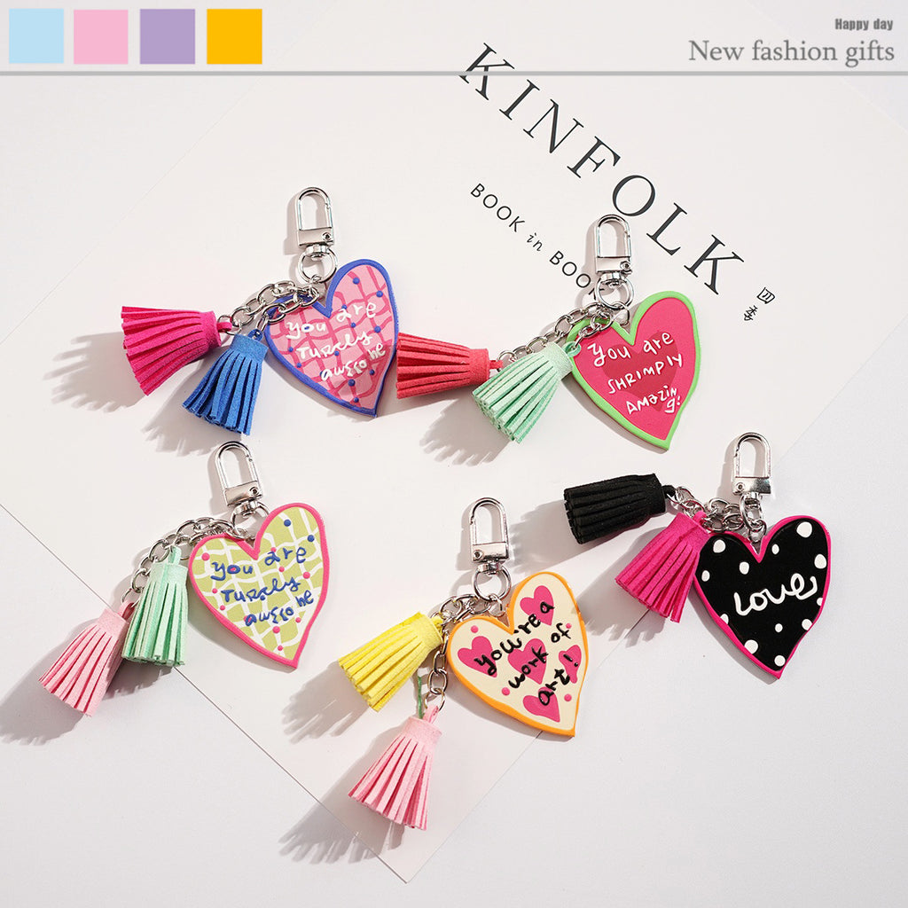 Printed Heart Tassel Charm Keychain - view 1