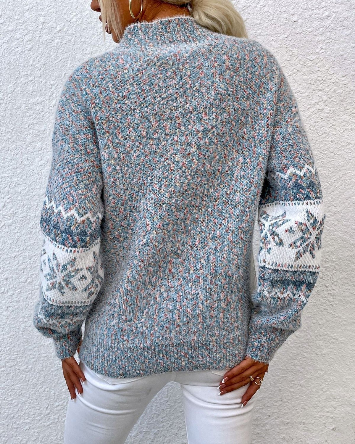 Snowflake Fair Isle Mock Neck Knit Sweater - Gray
