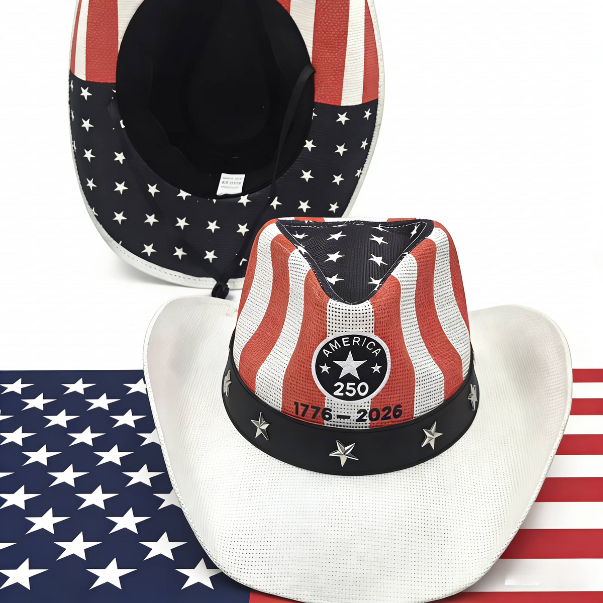 Patriotic American Flag Straw Cowboy Hat - White