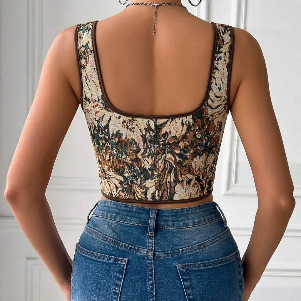 Brown Floral Tapestry Square Neck Lace Up Corset Top