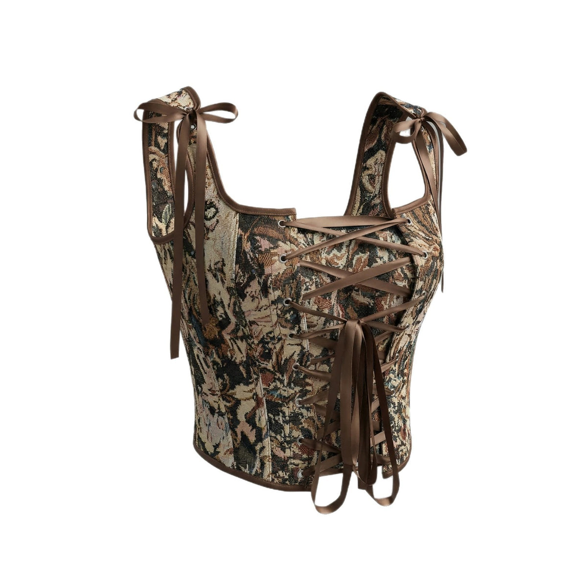 Brown Floral Tapestry Square Neck Lace Up Corset Top