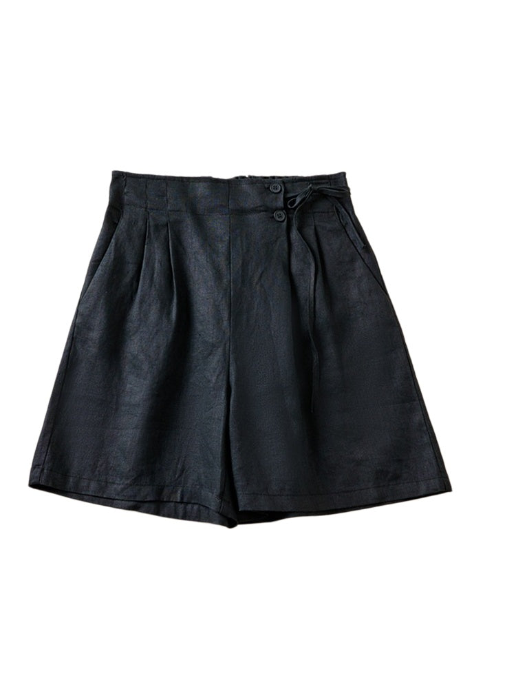 Pleated Tie Waist Wide Leg Shorts - Black